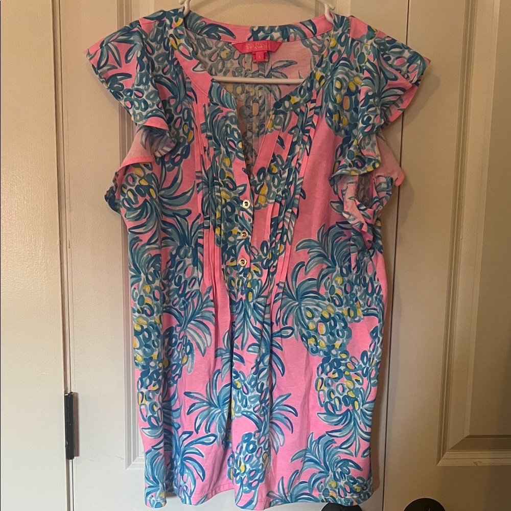 Lilly Pulitzer Pink Pineapple-Print Ruffle Sleeve Tunic